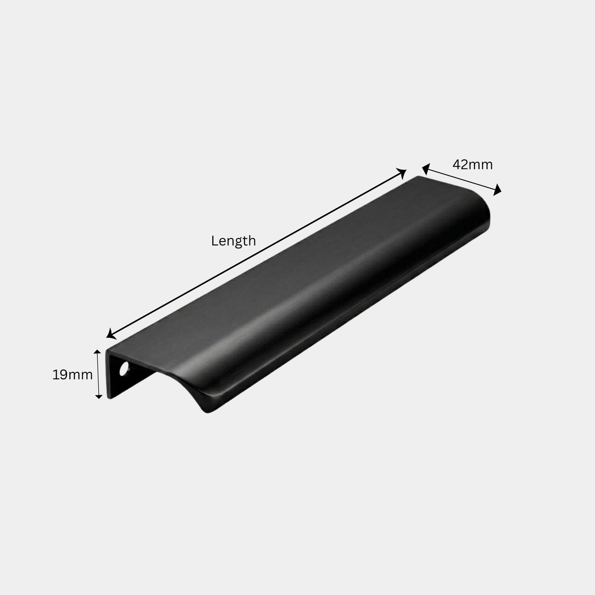 Satin black aluminium profile edge handle showing 19mm height and 42mm depth dimensions for modular kitchens.