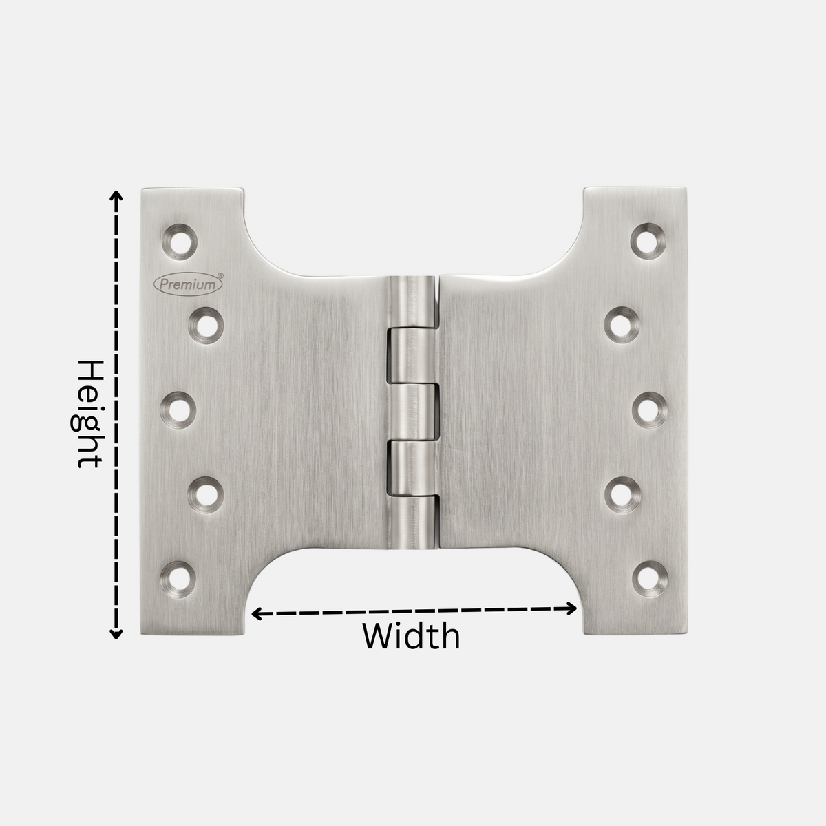 Satin finish solid brass parliament hinge showing height and width measurement indicators for precise door hardware installation