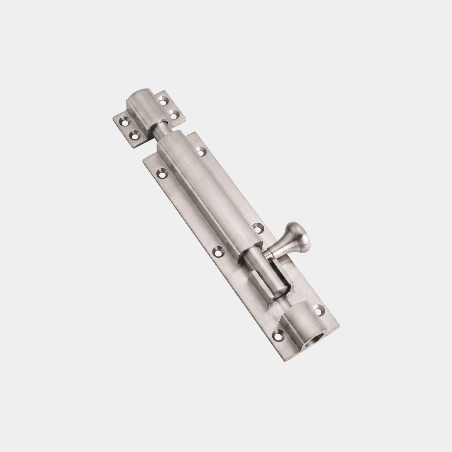 Satin finish silver stainless steel door tower bolt with hourglass-style knob