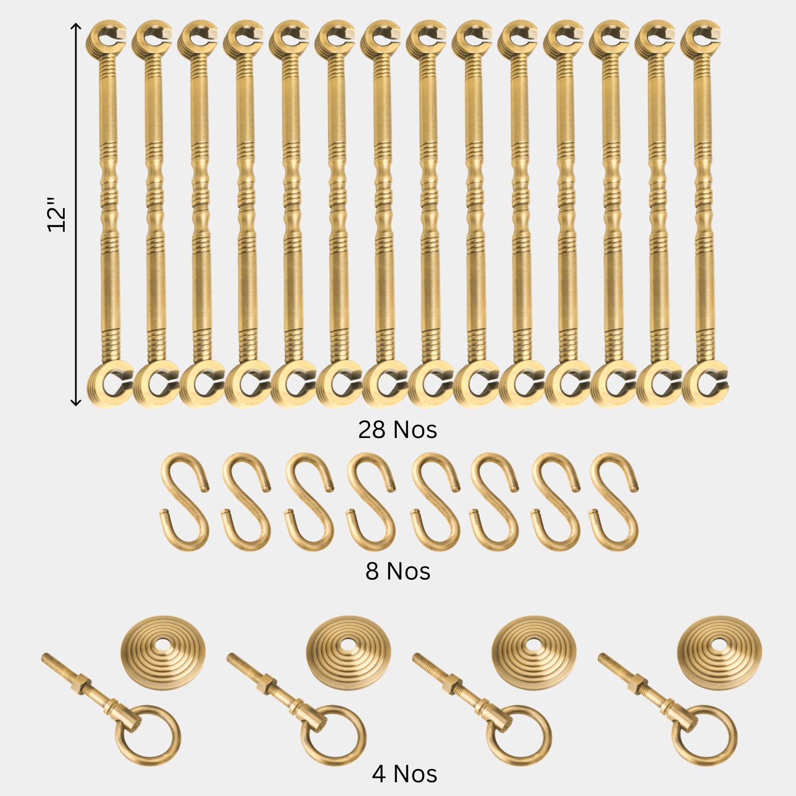 Complete 40-piece solid brass zulla fitting kit including 28 interlocking rods, 8 S-hooks, and 4 heavy-duty bottom clamps for wooden swings