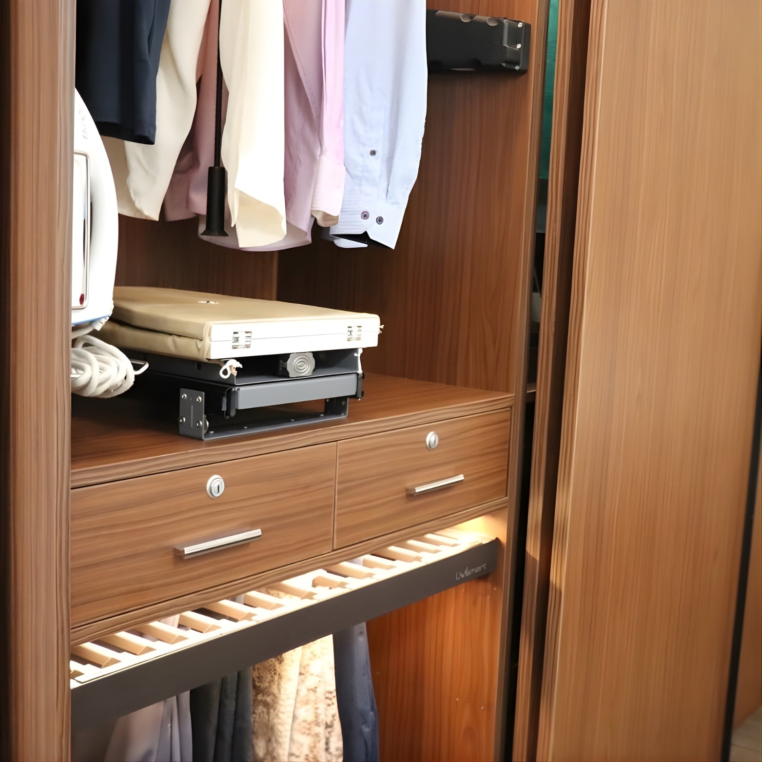 Folded view of the Ebco pull-out ironing board for compact storage