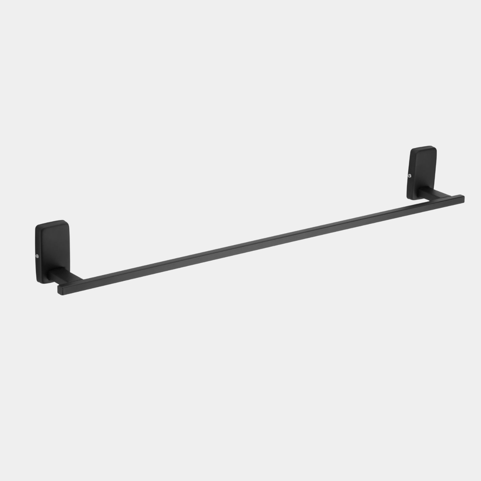 Matte black Sparrow 24 inch SS304 stainless steel bathroom towel rod installed on a grey tiled wall under a mirror, available at SS Hardware Bangalore