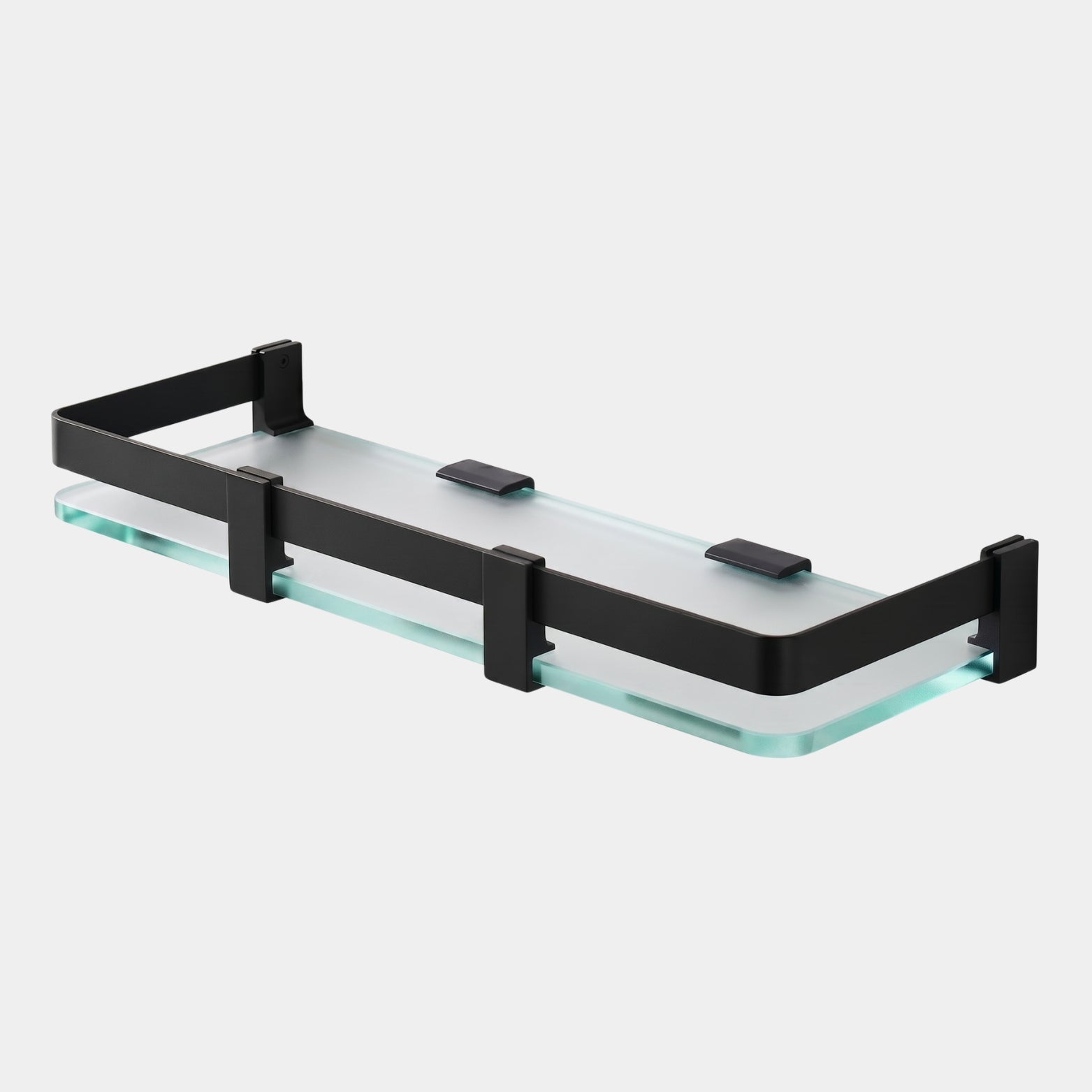 Premium Sparrow Matt Black 8mm frosted toughened glass bathroom shelf with shampoo and soap, available at Hardware Depot Bangalore
