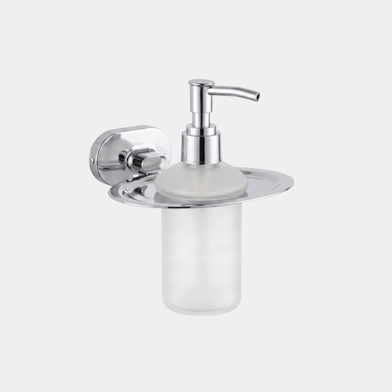 Sparrow chrome finish SS304 stainless steel holder with frosted glass liquid soap dispenser bottle on clean white background