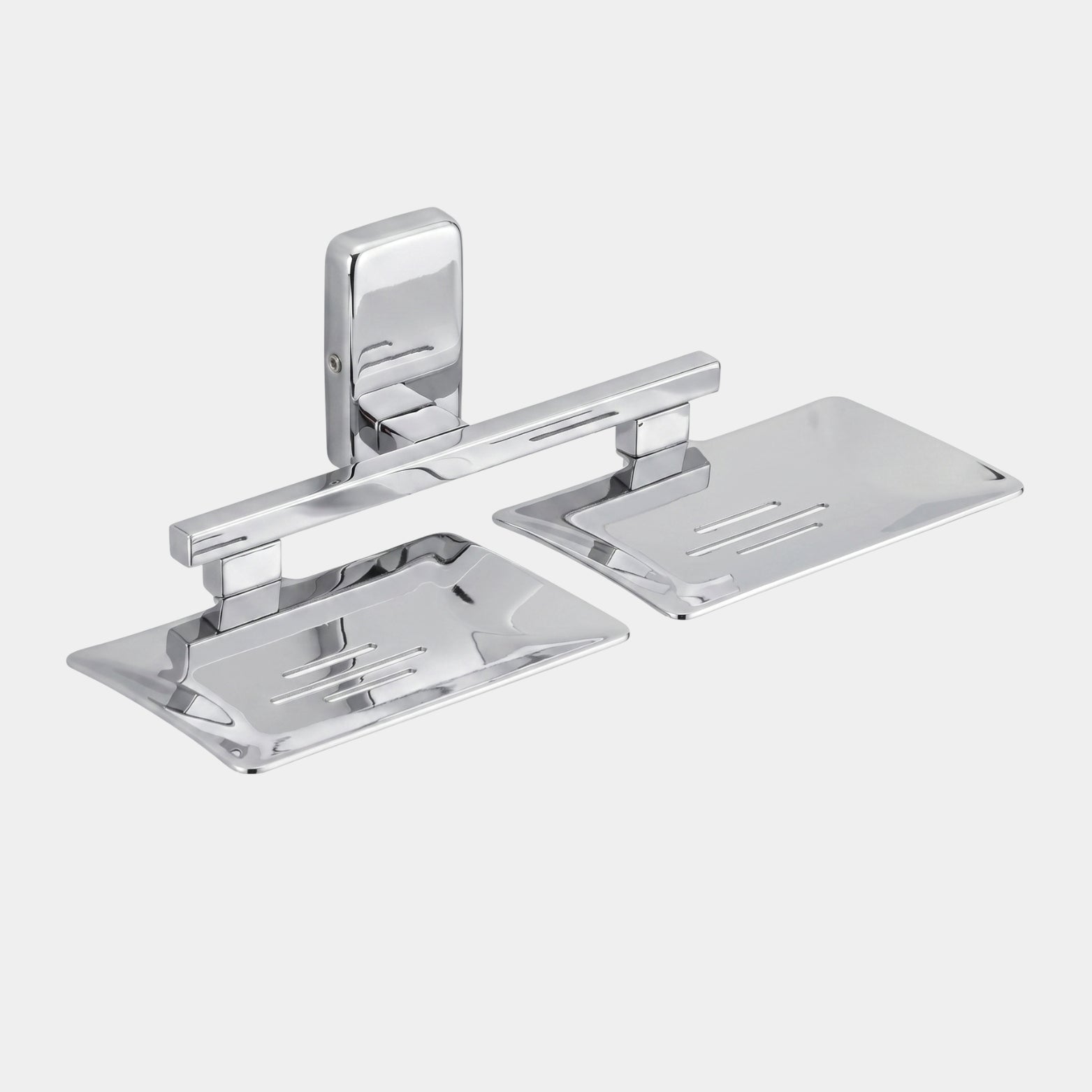 Sparrow polished chrome double soap dish made of SS304 stainless steel with drainage slots on a white background