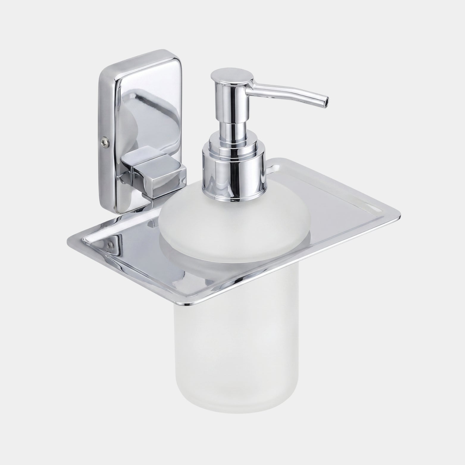 Sparrow frosted glass liquid soap dispenser in high-shine chrome finish with a wall-mounted SS304 stainless steel holder tray, sold by Hardware Depot Bangalore