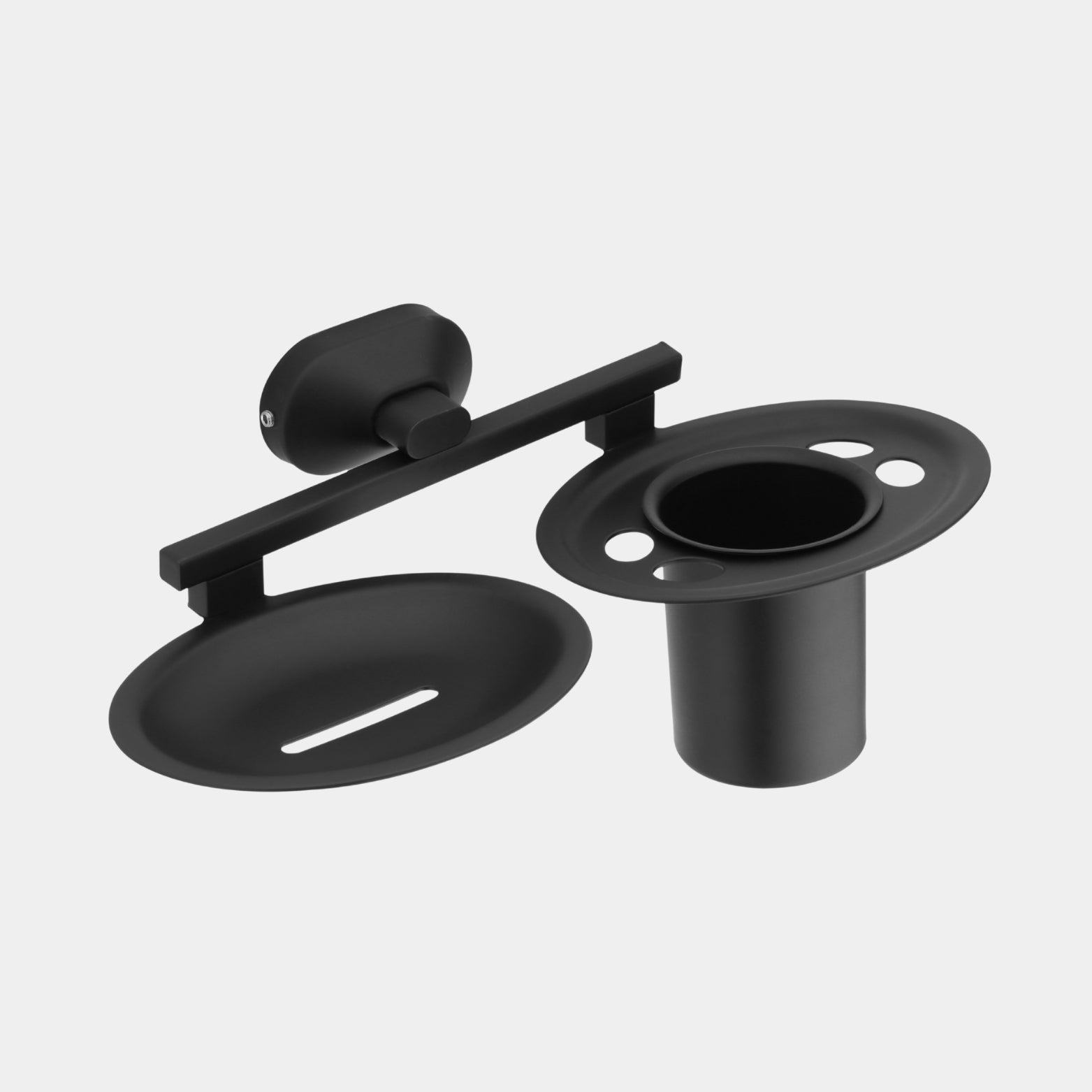 Isolated view of Sparrow SS304 rustproof bathroom soap dispenser and tumbler holder rack in modern matte black finish