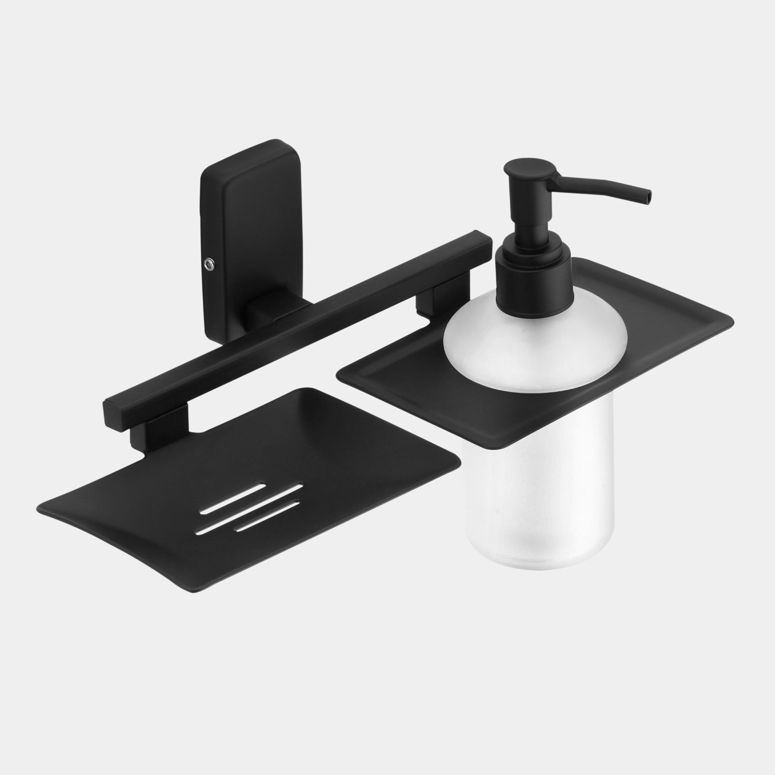 Front view of Sparrow matte black 2-in-1 wall mounted bar soap dish and frosted glass dispenser bottle.