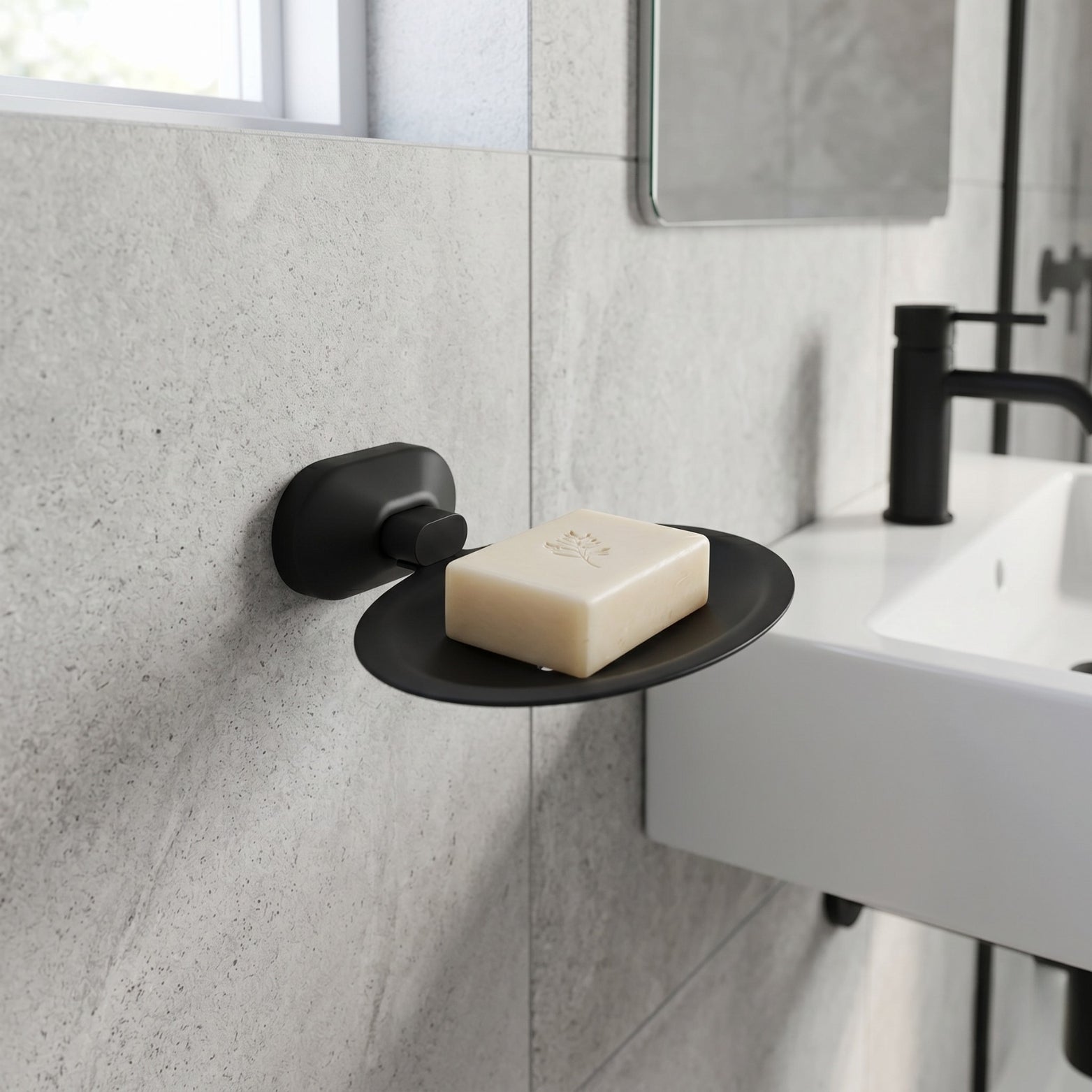 Studio product shot of the Sparrow anti-rust SS304 architectural matte black soap holder showing mounting screws side view