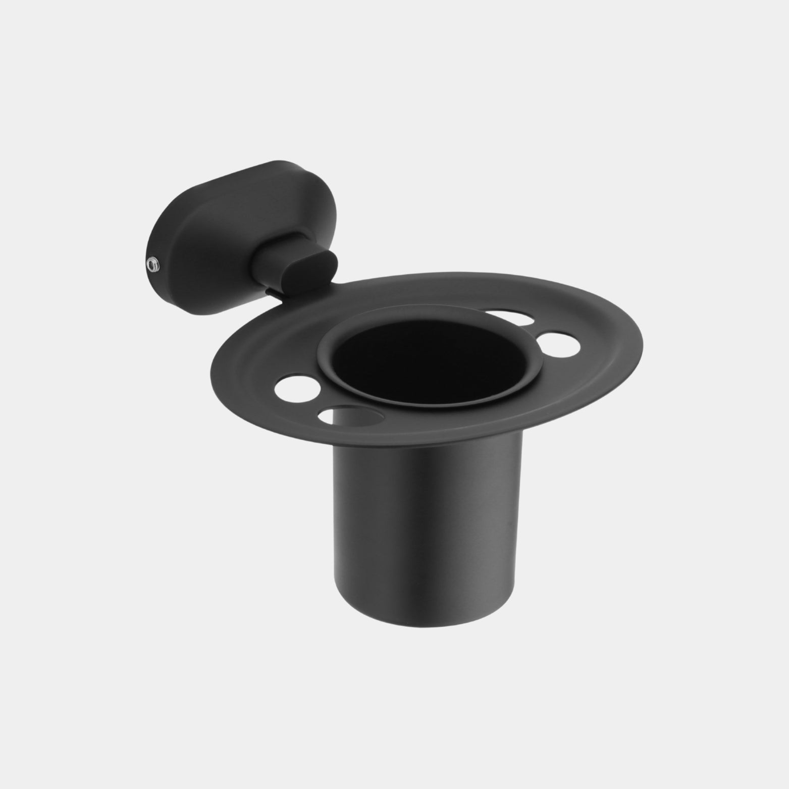 Studio product shot of the Sparrow bathroom tumbler holder in a flawless matte black finish, showcasing the SS304 wall bracket