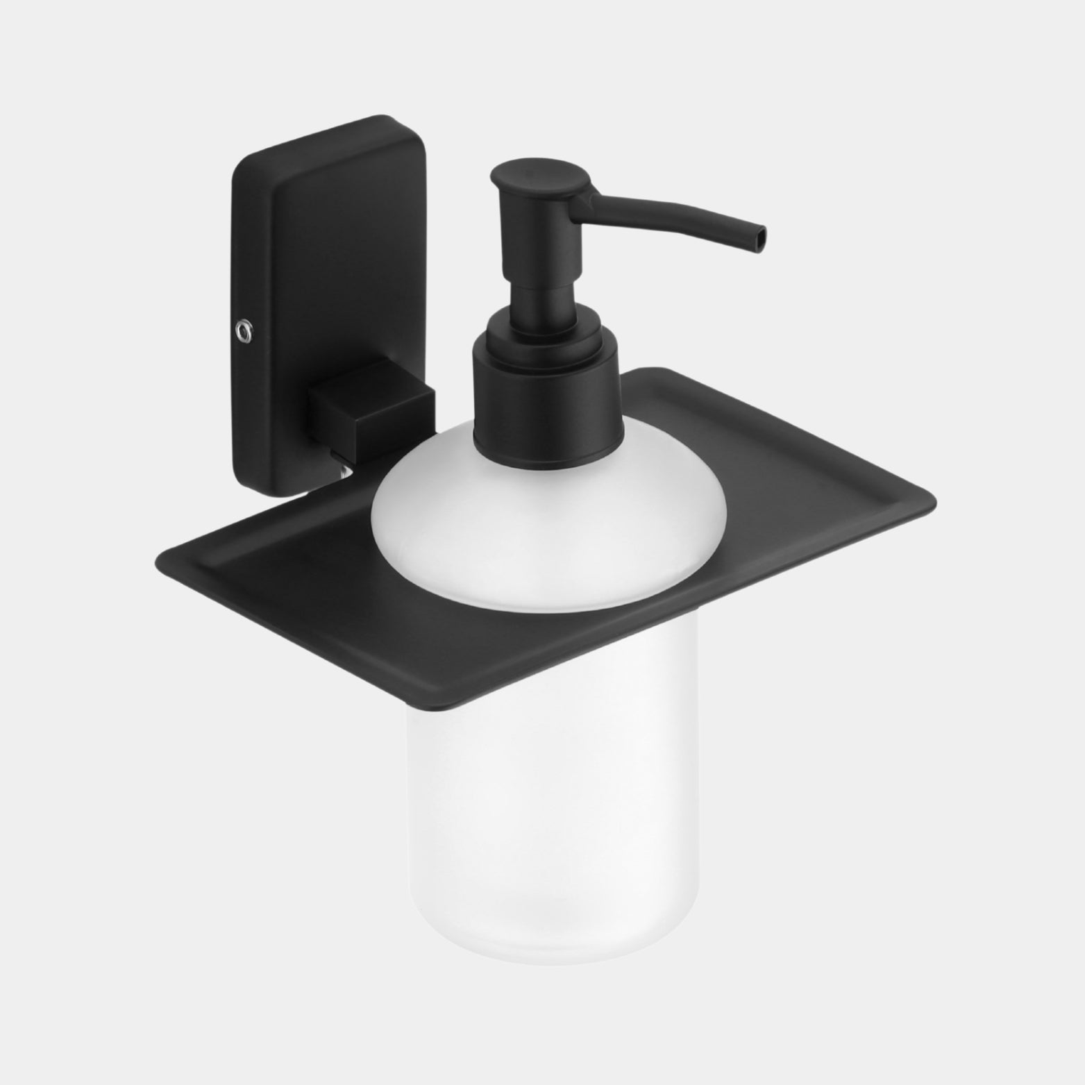 Isolated view of the Sparrow wall-mounted liquid soap dispenser featuring a matte black non-SS304 pump and matching black SS304 steel mounting plate