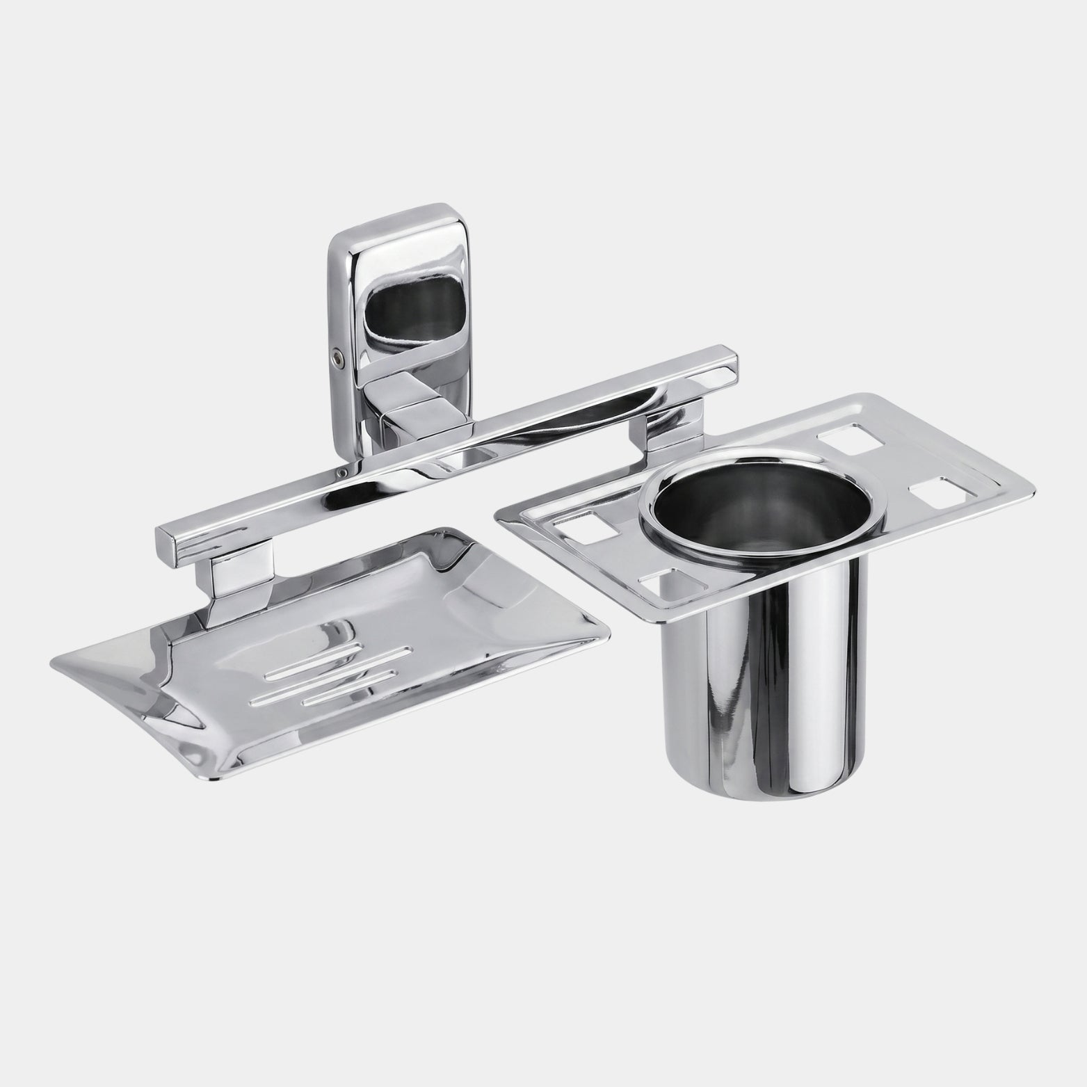 Front view of the Sparrow SS304 stainless steel dual soap tray and tumbler holder in a mirror-shine chrome finish