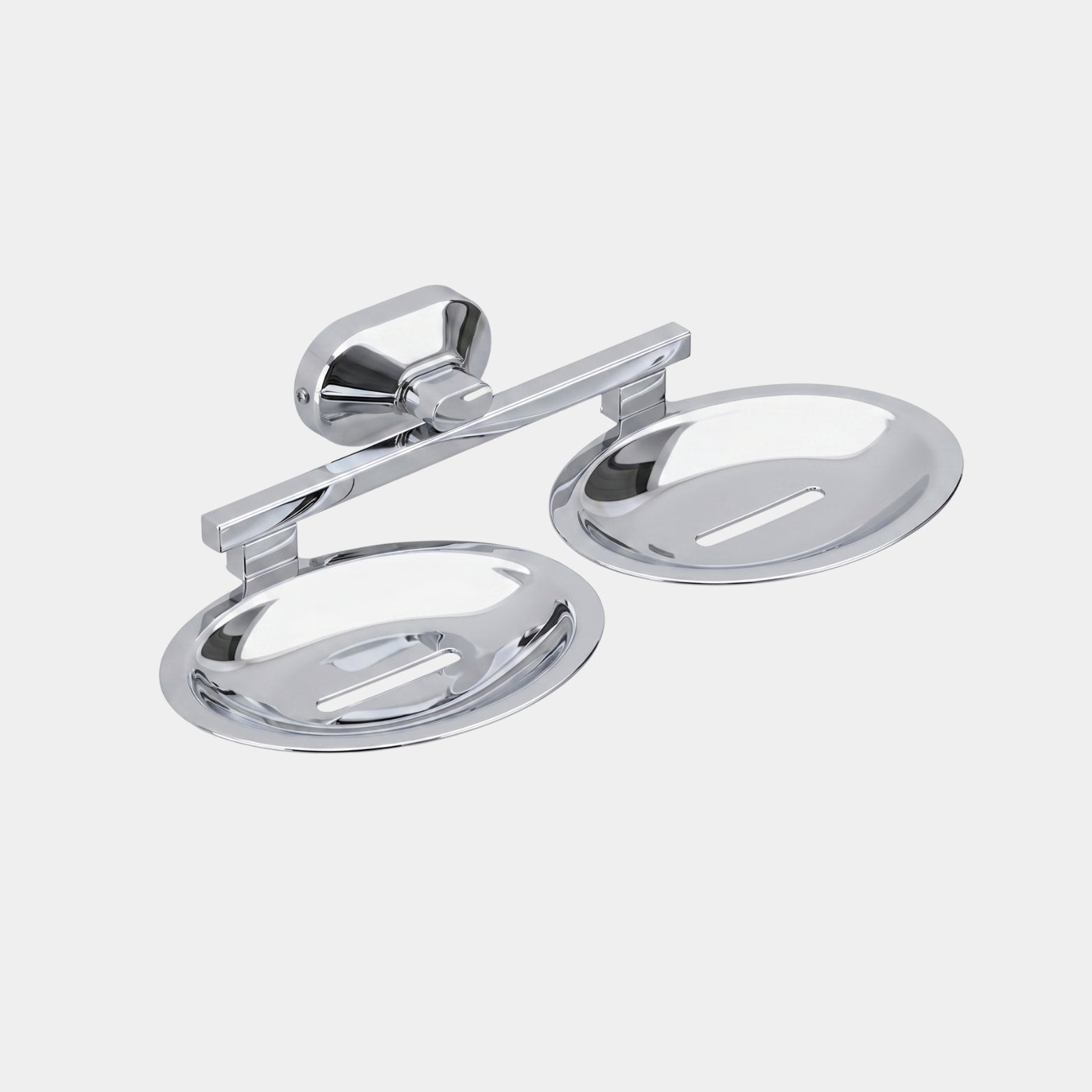Sparrow SS304 double soap dish in mirror chrome finish featuring drainage slots and a sturdy wall mounting bracket