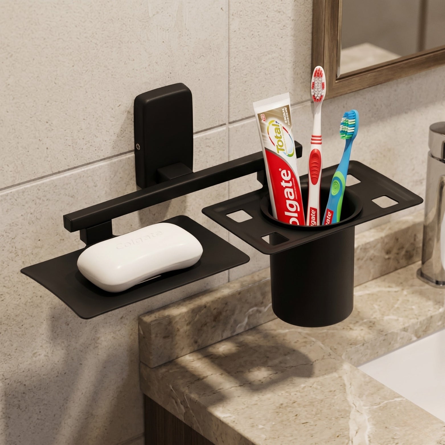 Studio product shot of the Sparrow matte black combination soap dish and toothbrush holder with mounting bracket