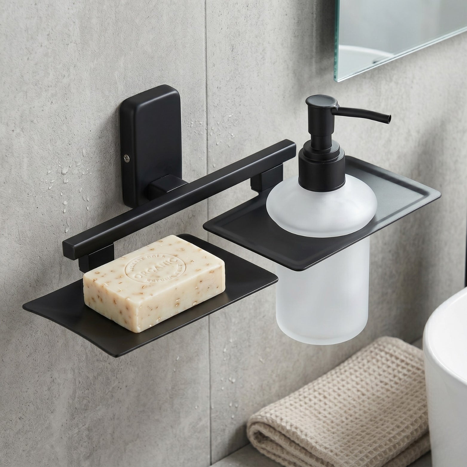 Sparrow SS304 dual soap dish and liquid dispenser holder in matte black finish installed on a bathroom wall.