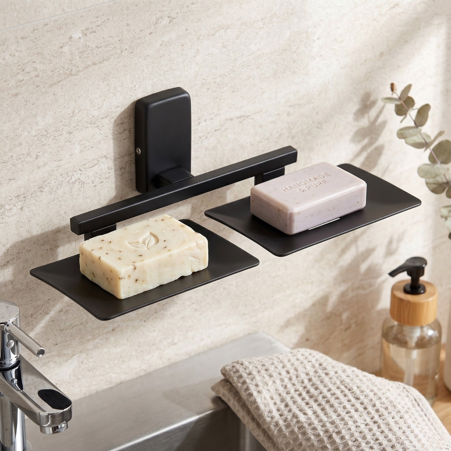 Sparrow SS304 dual soap holder in matte black finish mounted on a tiled bathroom wall above a sink, available at Hardware Depot
