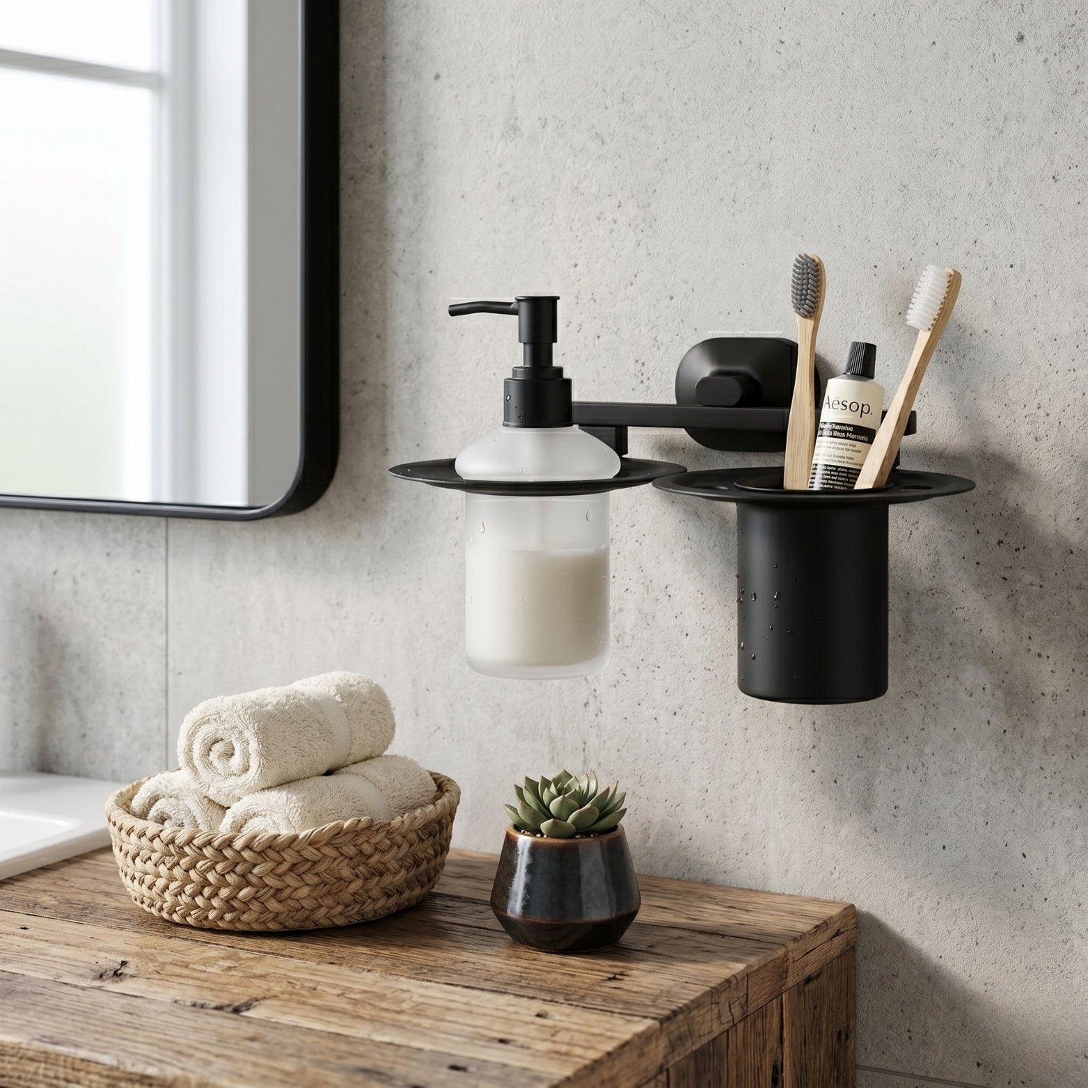 Sparrow Matt Black SS304 liquid soap dispenser with toothbrush tumbler holder mounted on a concrete wall bathroom vanity over a wooden counter at SS Hardware Bangalore