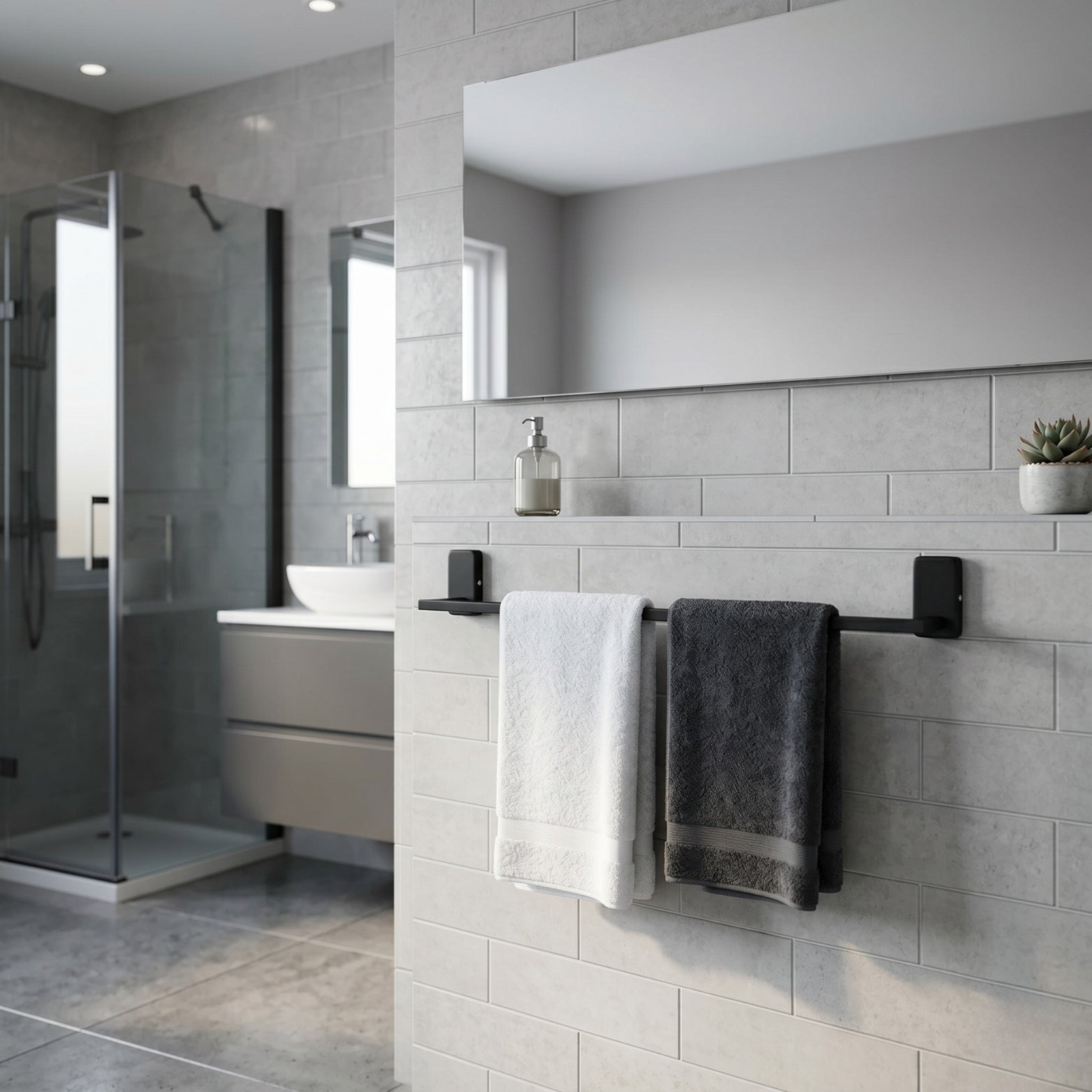 Modern minimalist matte black Sparrow 24-inch SS304 bathroom towel rod isolated on a light gray background