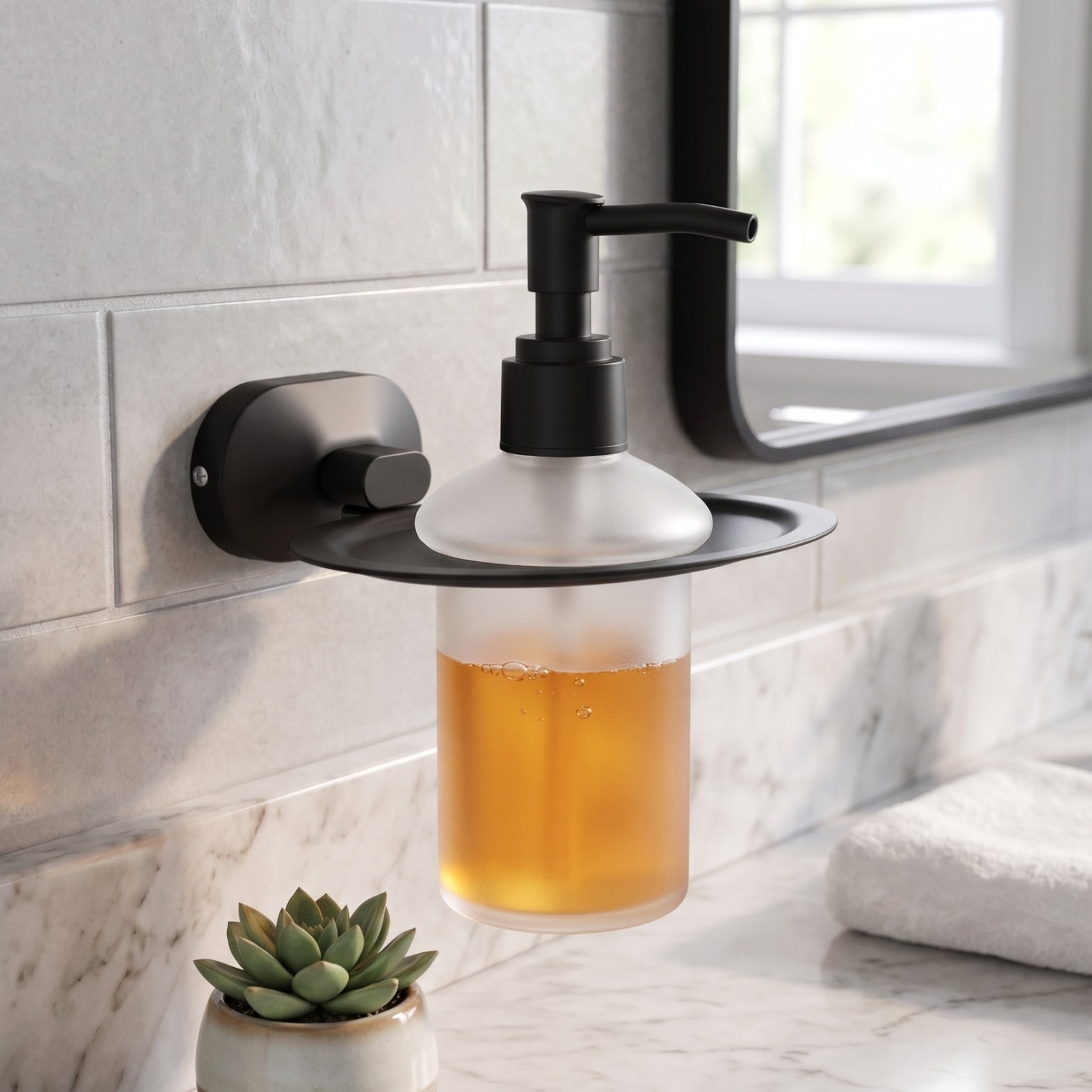 Sparrow matte black SS304 wall mounted liquid soap dispenser with frosted glass bottle installed on a bathroom counter by Hardware Depot Bangalore