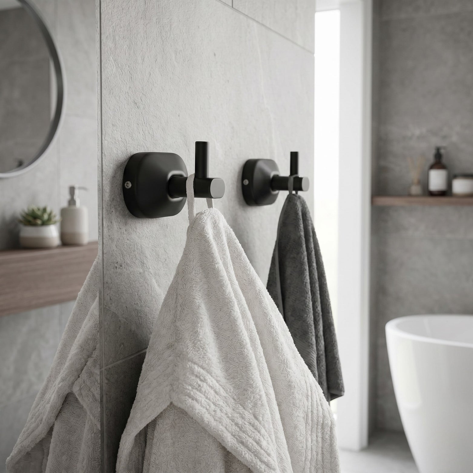 Two modern Sparrow SS304 robe hooks in Matt Black finish mounted to stone tile walls inside a premium Bangalore luxury bathroom