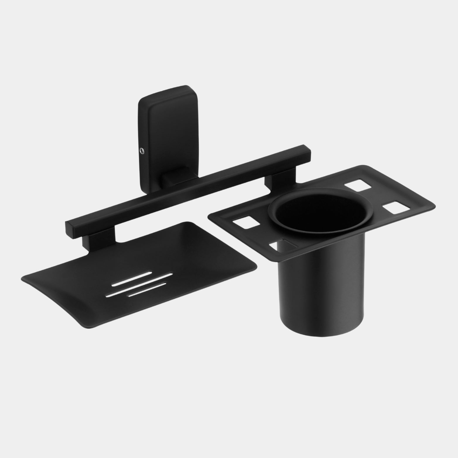 Sparrow SS304 wall-mounted soap dish and toothbrush tumbler holder in matte black finish installed on a modern bathroom tiled wall above a marble vanity
