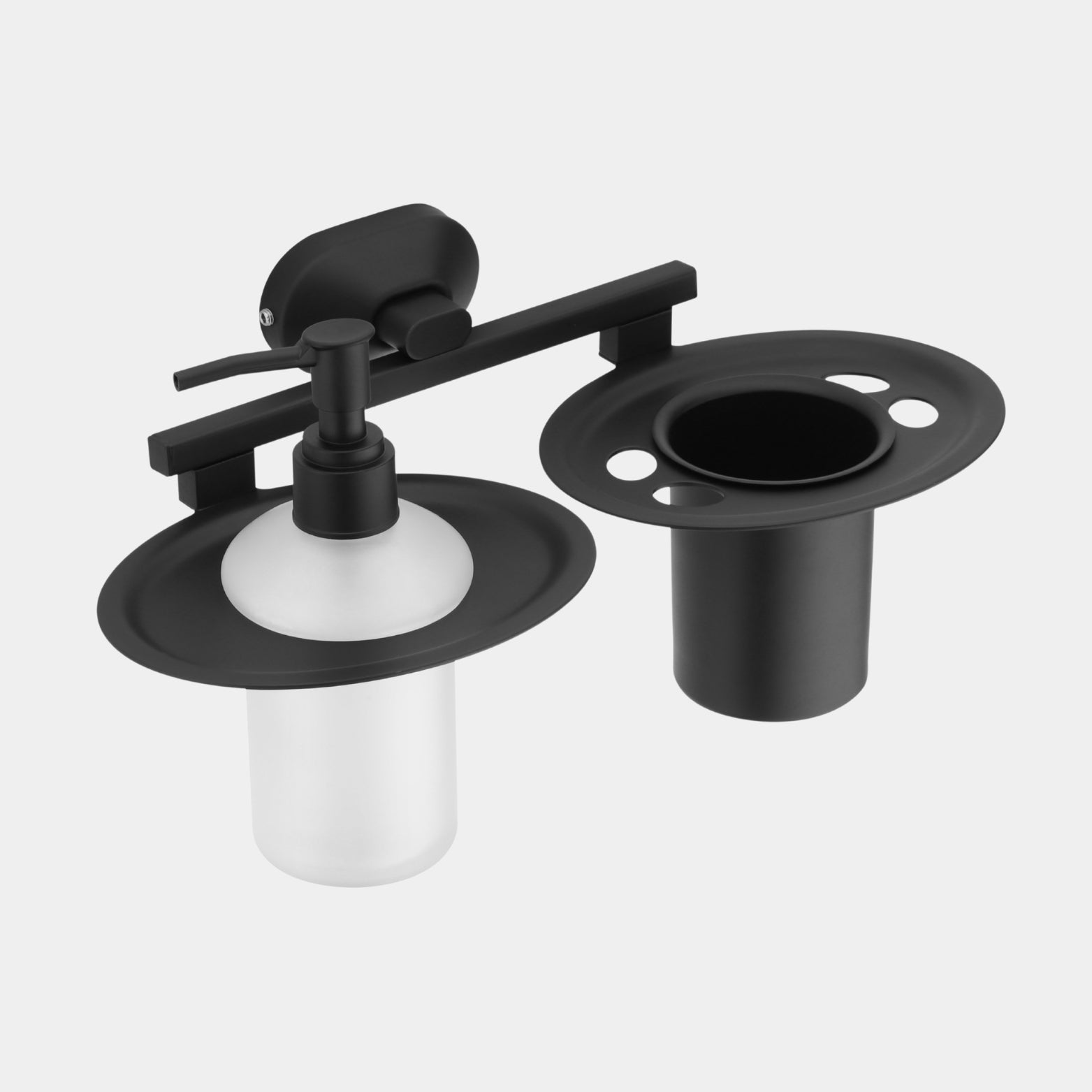 Studio profile shot of Sparrow premium matte black liquid soap dispenser pump and multi slot tumbler holder made of anti rust Grade 304 Stainless Steel