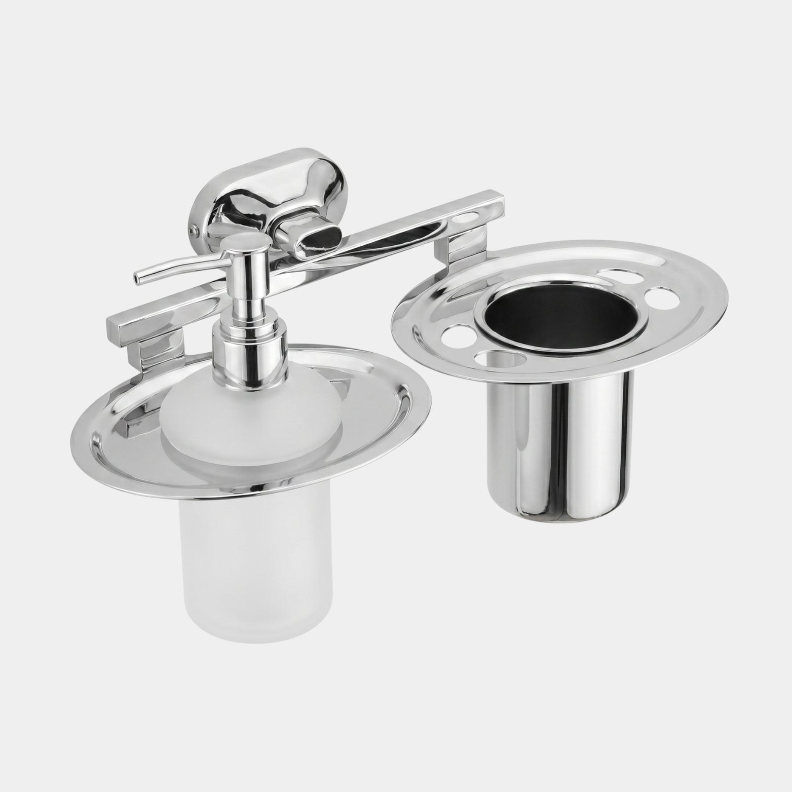 Polished Chrome finish Sparrow SS304 wall mounted liquid soap bottle pump and toothbrush tumbler holder unit showing mounting bracket on Hardware Depot