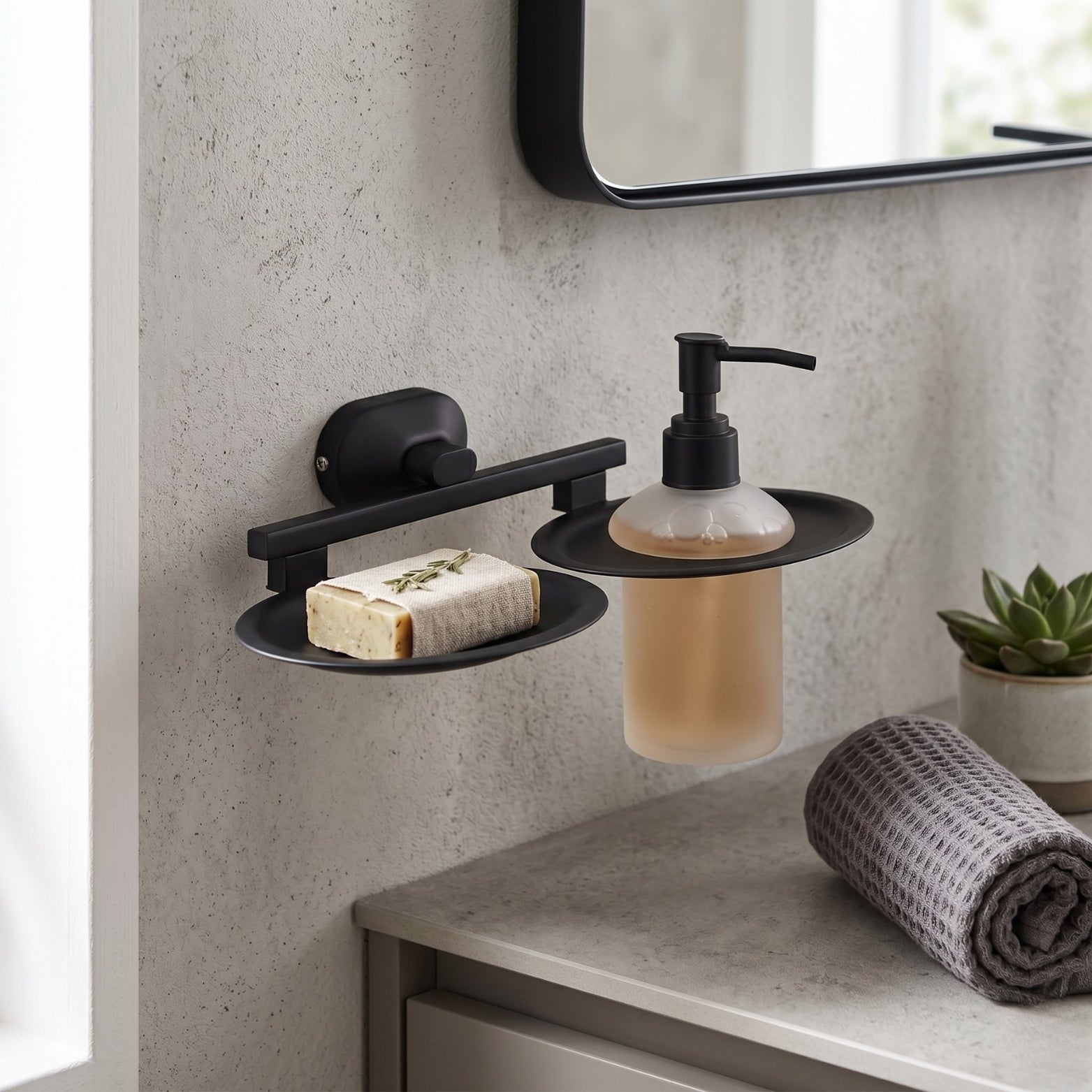 Premium Sparrow SS304 wall-mounted soap holder and frosted glass liquid soap dispenser in matte black finish, mounted on a bathroom wall