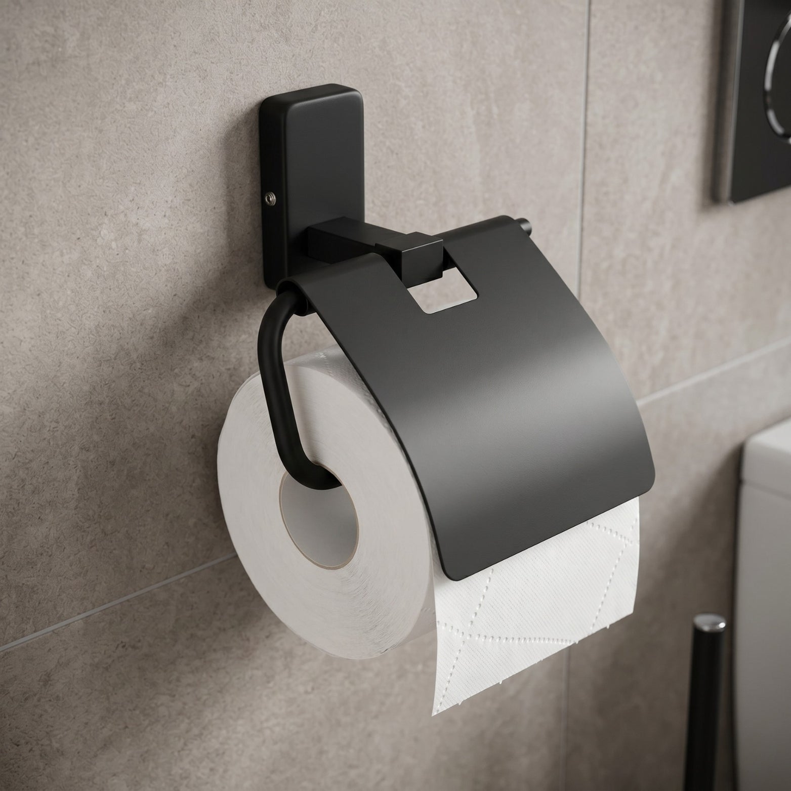 Sparrow SS304 toilet paper holder in premium matt black finish mounted on a modern grey tiled bathroom wall