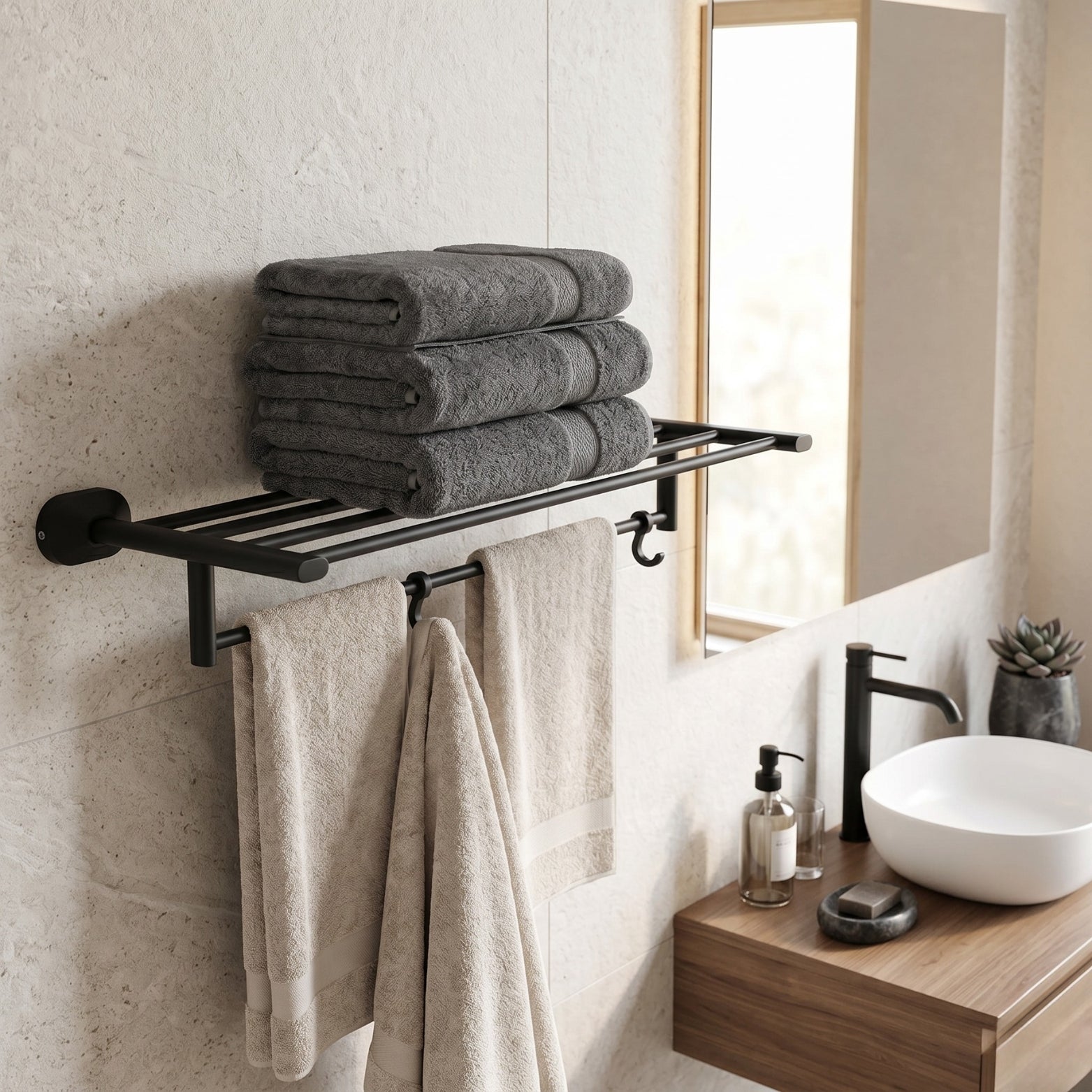 Sparrow 24 inch SS304 stainless steel towel rack in premium matt black finish mounted in a luxury modern bathroom