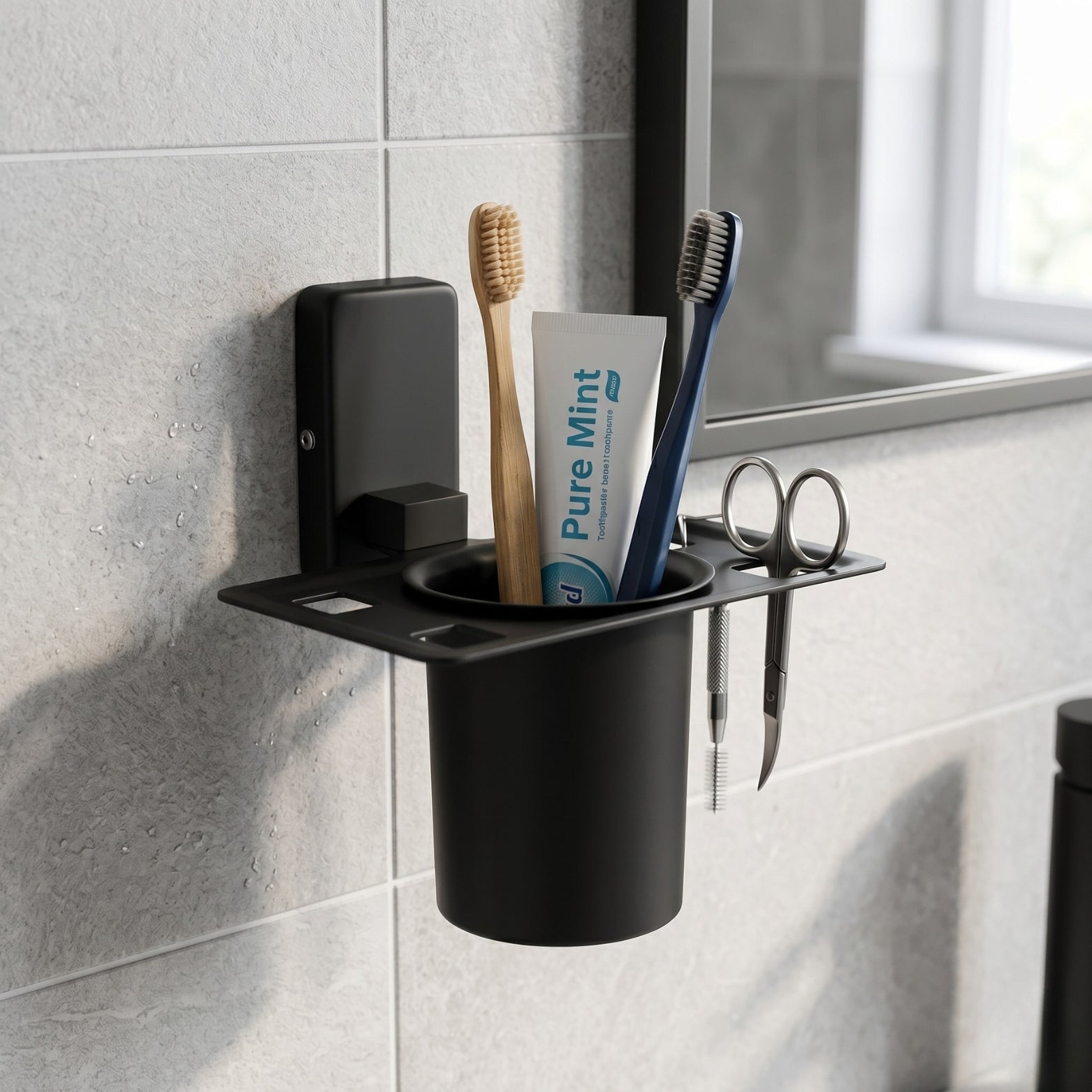 Sparrow SS304 premium tumbler holder in matt black finish holding toothbrushes and grooming tools mounted on bathroom grey tiles.