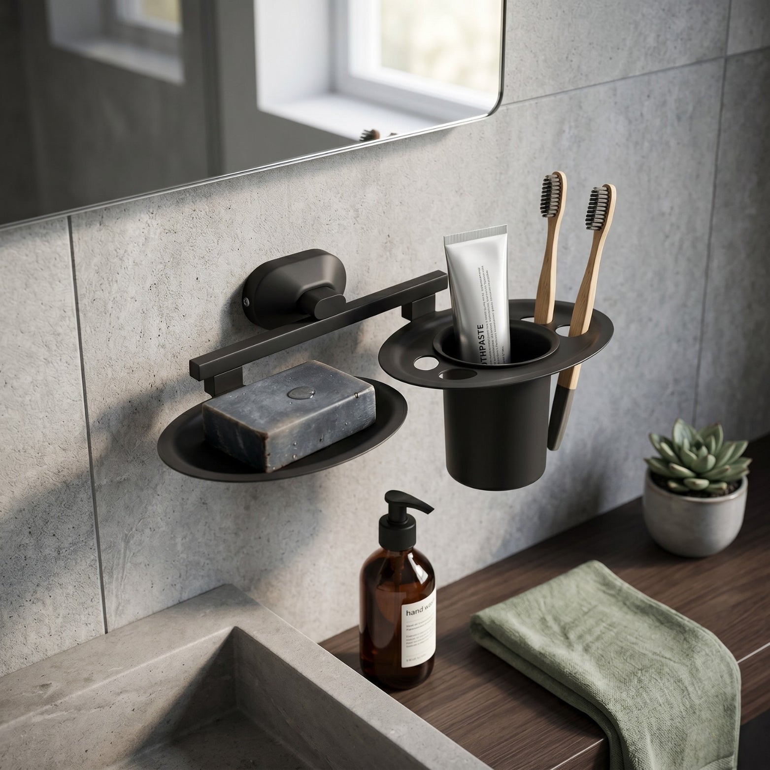 Premium Sparrow SS304 wall-mounted tumbler and soap holder combo in matt black finish installed over a grey stone sink