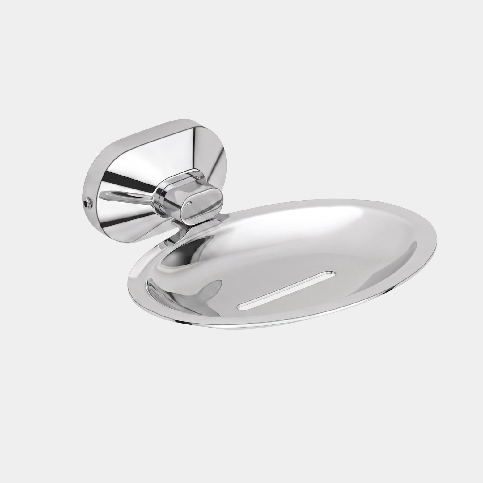 Sparrow SS304 chrome polished wall mounted soap dish showing drainage slot and hidden mounting bracket assembly