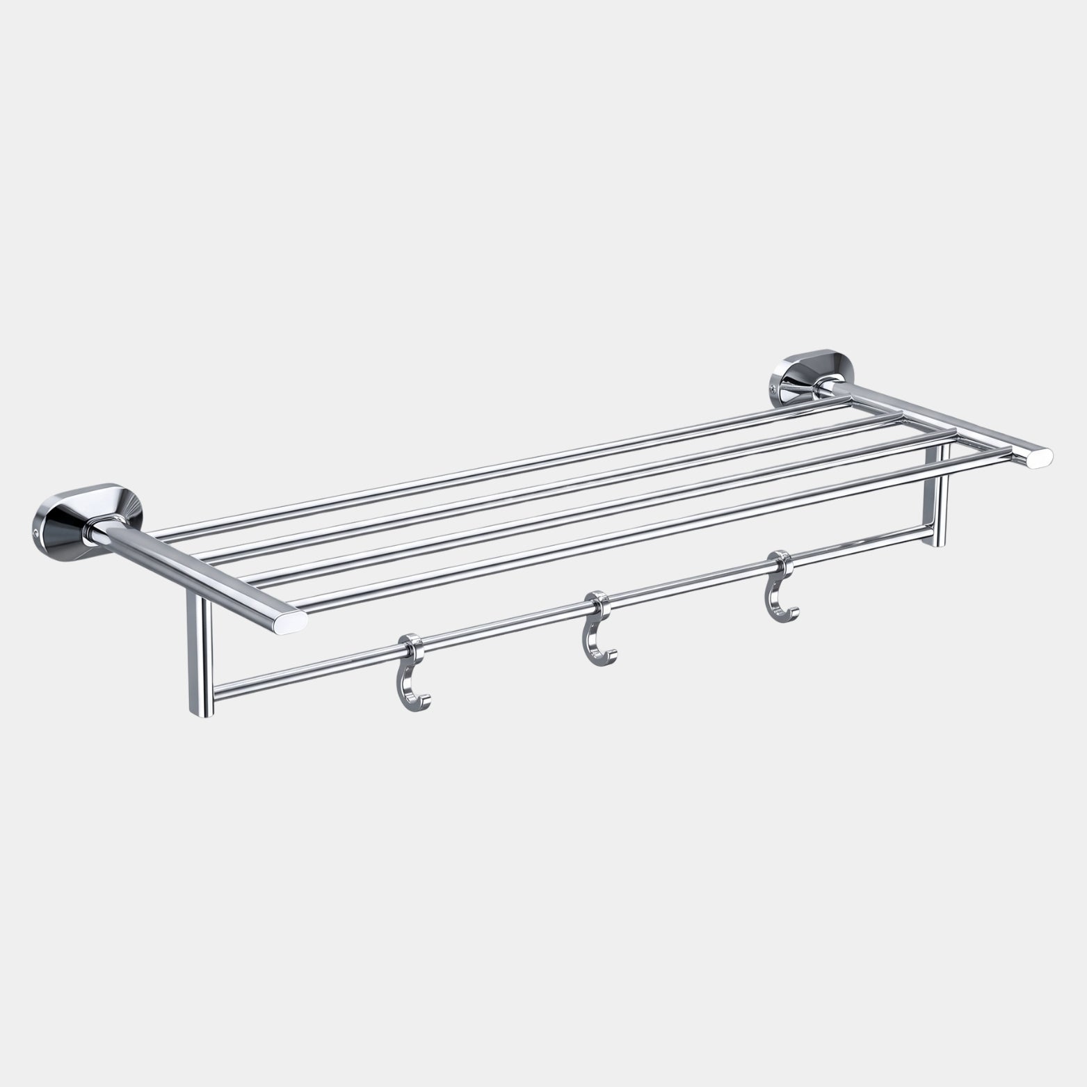 High-shine mirror chrome finish Sparrow SS304 towel shelf with integrated sliding bottom hooks