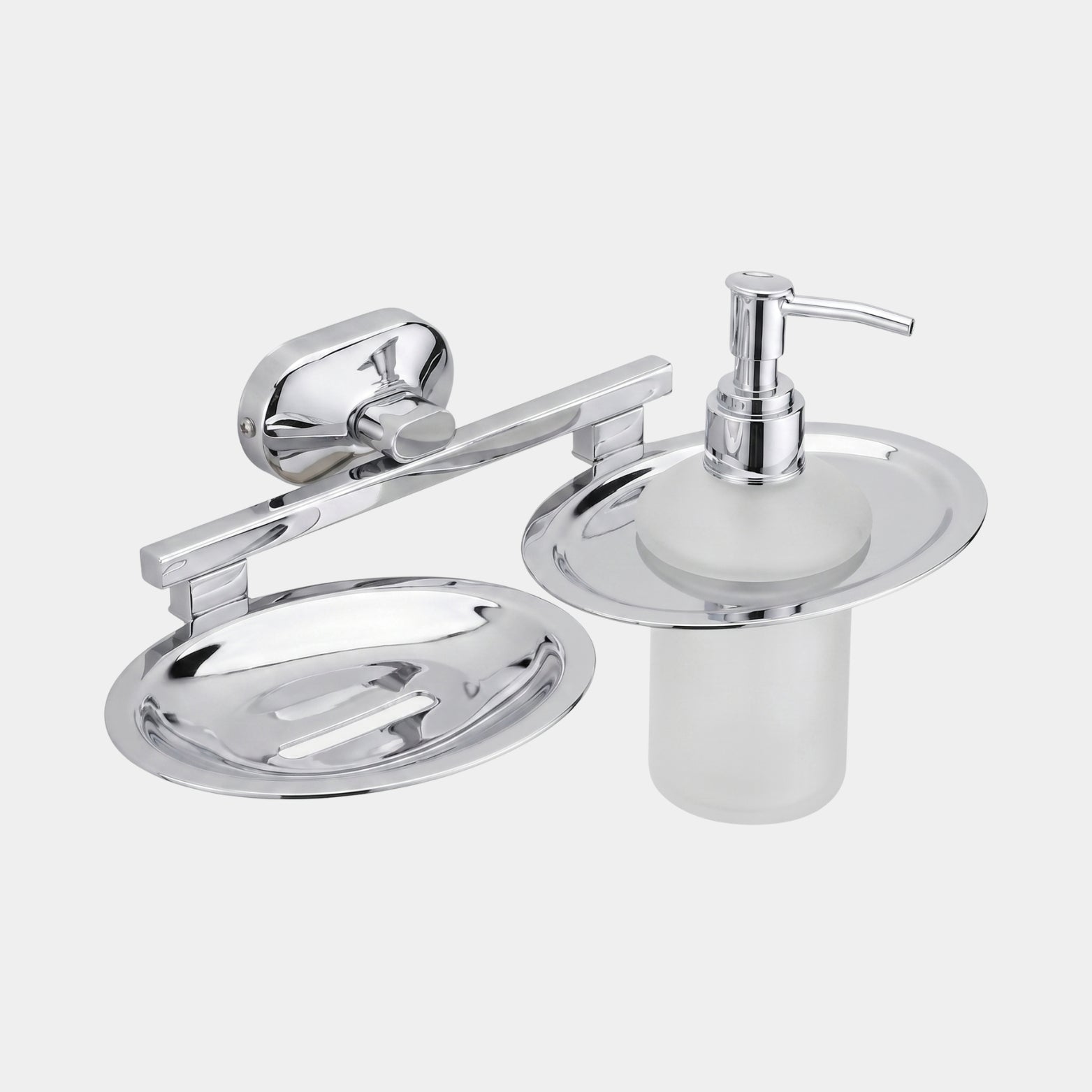 Sparrow dual soap dish and frosted glass liquid soap dispenser pump in mirror-shine chrome finish with mounting hardware