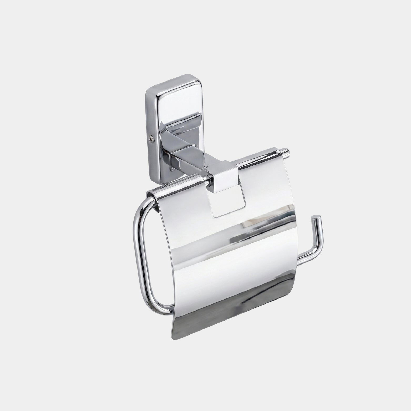 Premium chrome finish Sparrow SS304 toilet paper holder with water-protection flap cover isolated on a light background