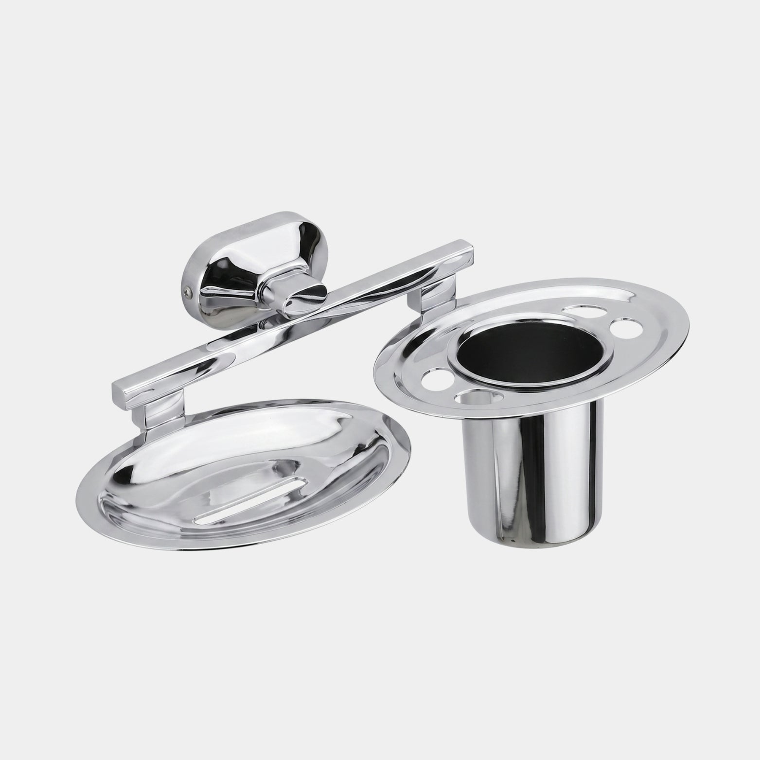 Studio shot of Sparrow dual-action toothbrush tumbler holder and soap tray in mirror-polished chrome finish