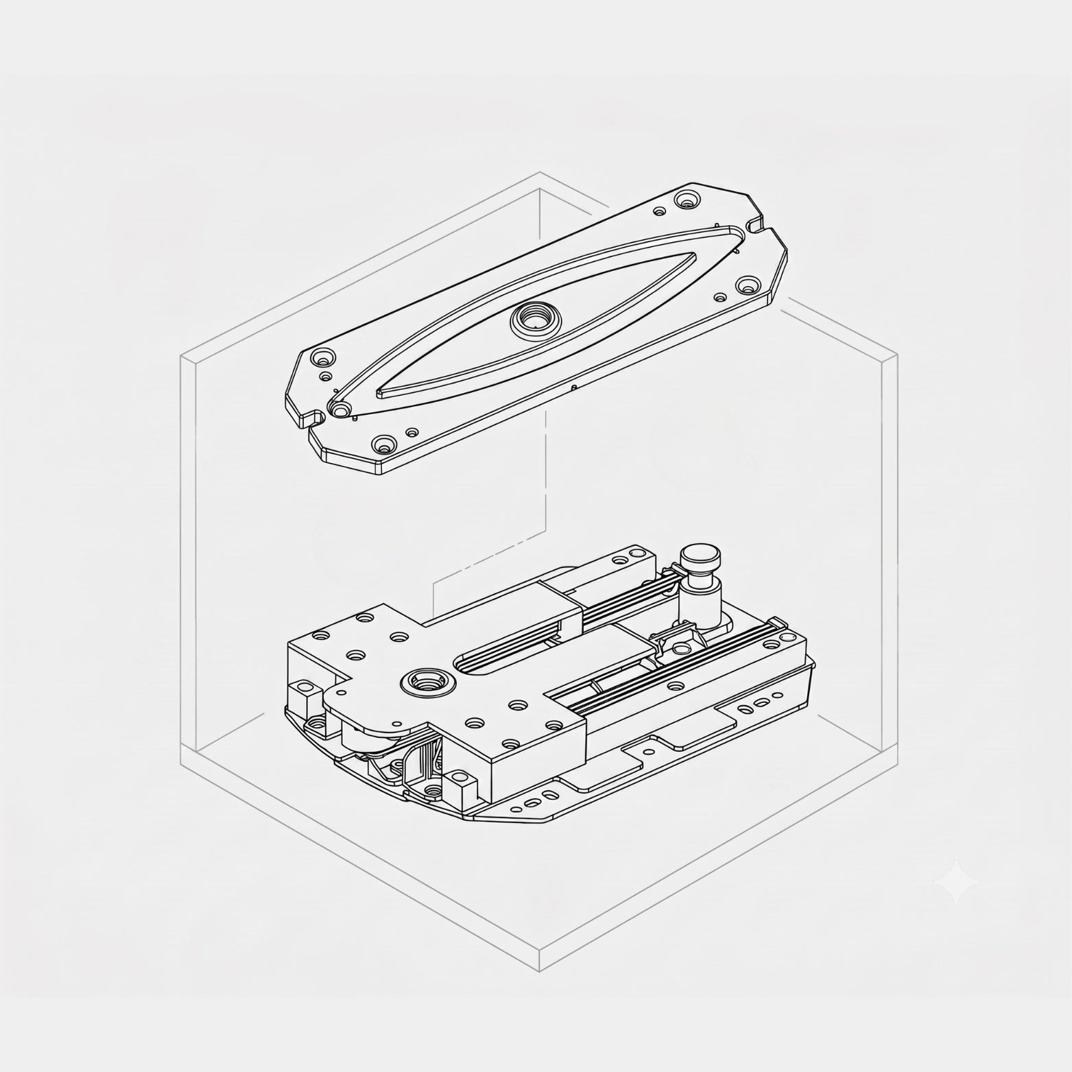 Technical line diagram detailing the 360-degree rotating base and upper tracking mechanism of the Ebco Spinova 360 system, suitable for architects and manufacturers.