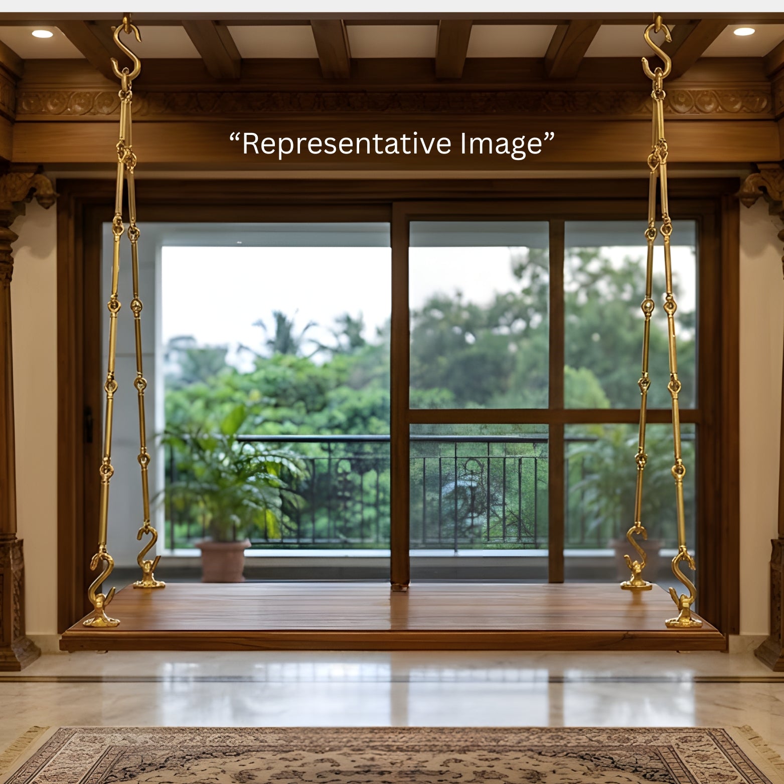 Representative image of a wooden zulla installed in a traditional living room using premium brass hanging chain hardware and decorative pillars.