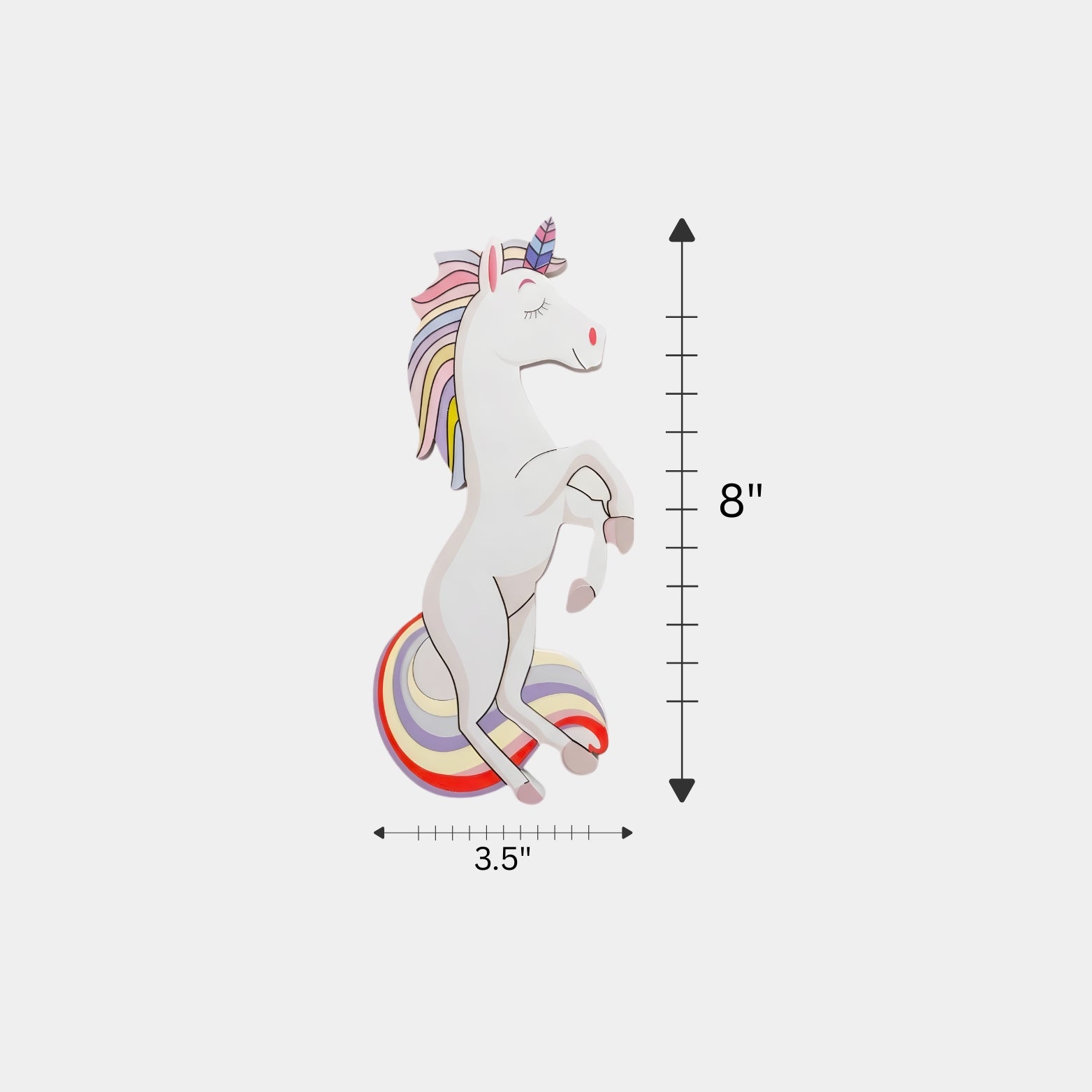 A vibrant 8-inch unicorn-shaped cabinet handle featuring a white body, a pastel-colored rainbow mane, and a gold horn, mounted vertically on a light-colored kids' room wardrobe