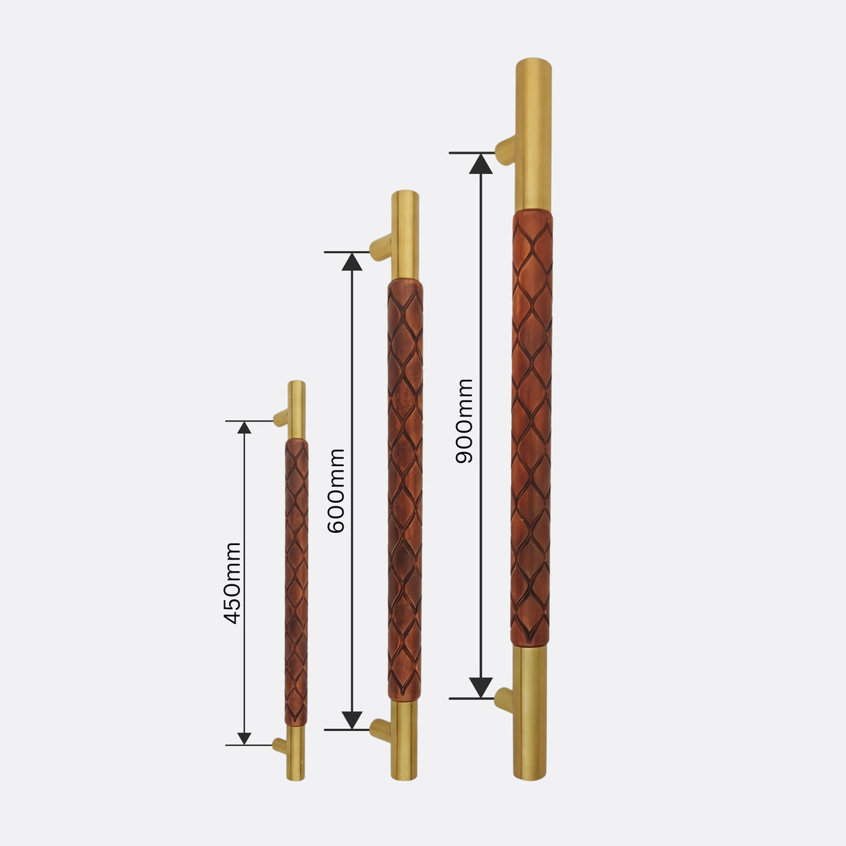 Dimensions guide for the premium wood and steel door handle, displaying the available hole center sizes of 450mm, 600mm, and 900mm at Hardware Depot.