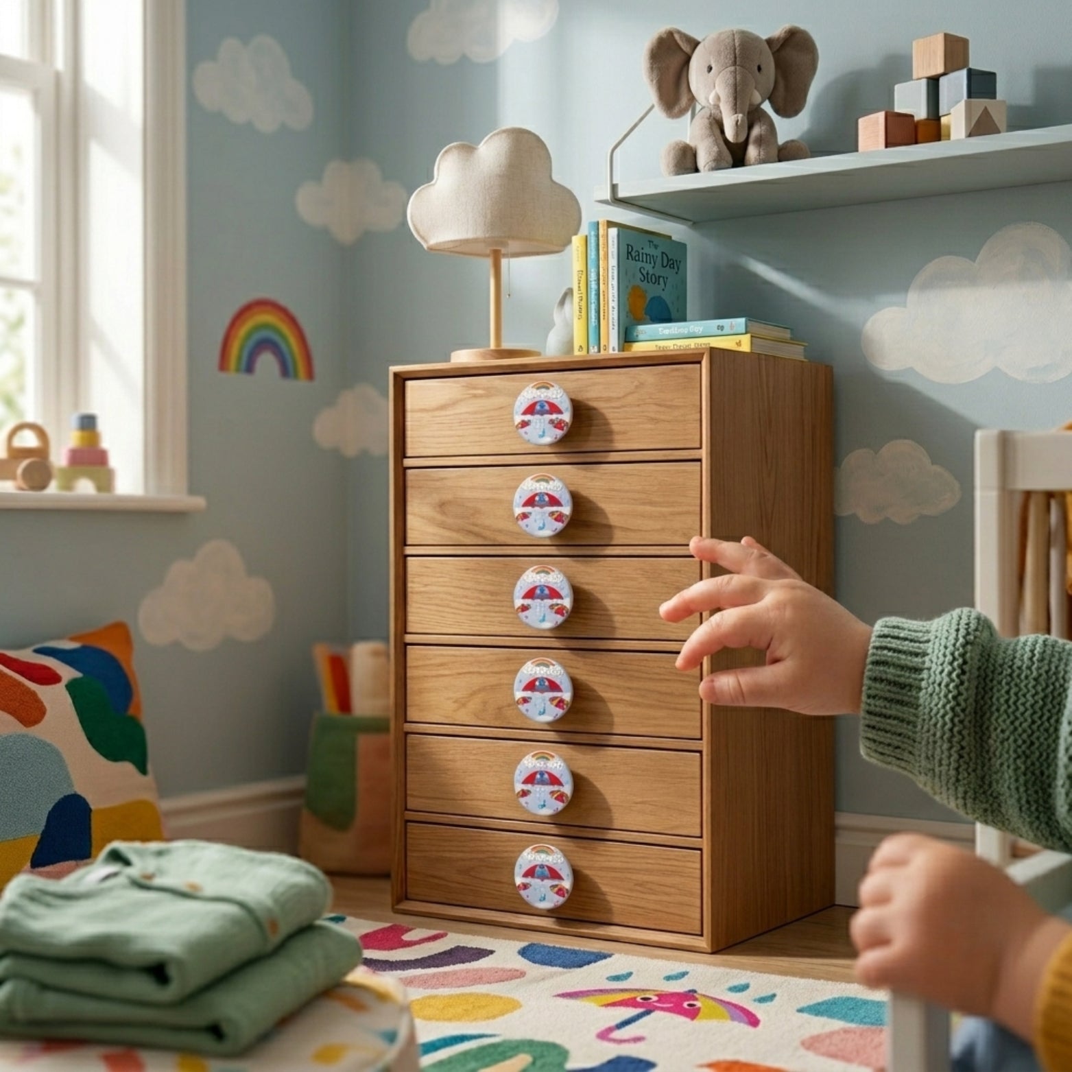 Happy Rain weather themed round knobs installed on a wooden 6-drawer chest