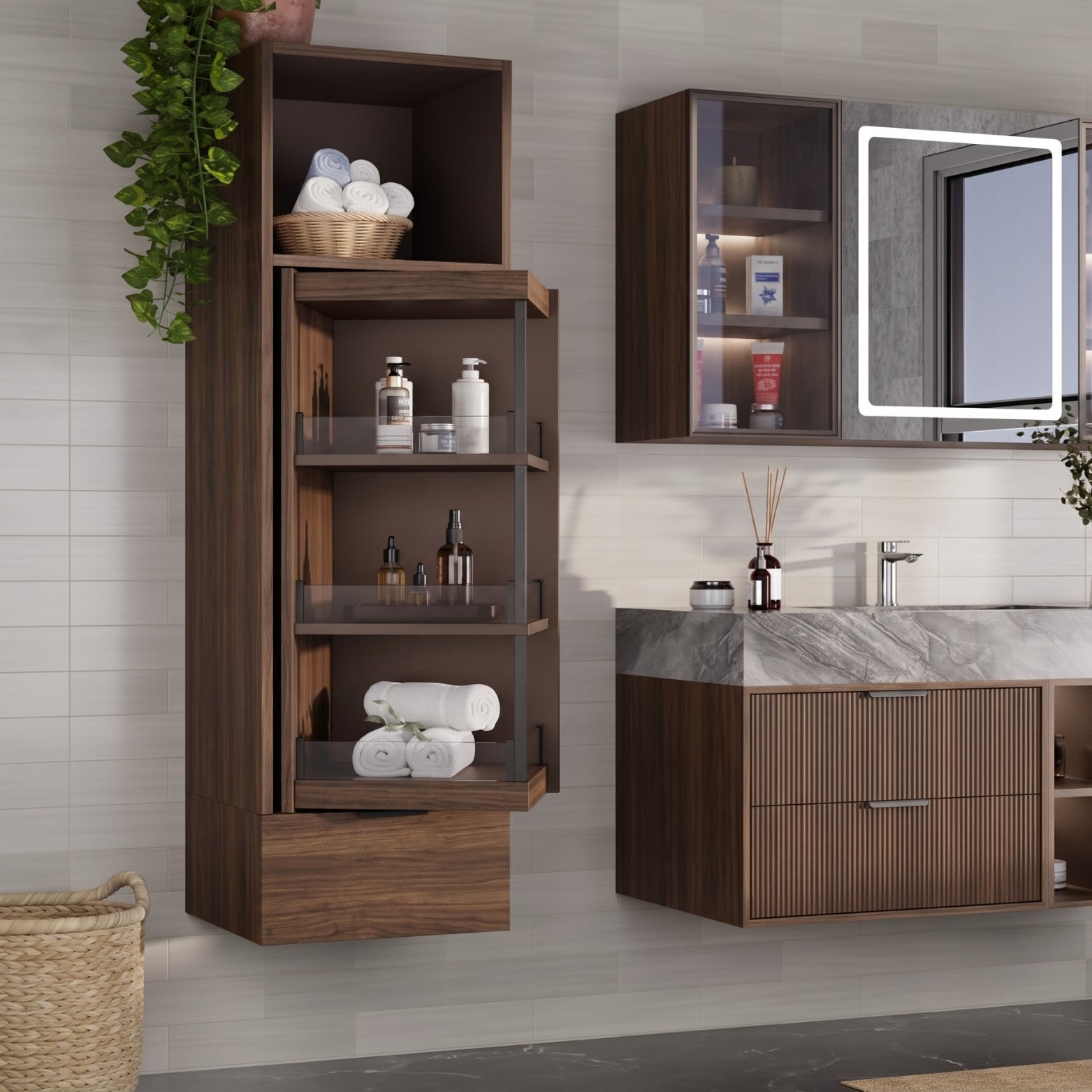 Elegant bathroom vanity setup utilizing the Ebco Spinova 360 mechanism. The wall-mounted wooden cabinet includes a space-saving rotating shelf unit holding toiletries and towels, beside a mirror with integrated LED light.